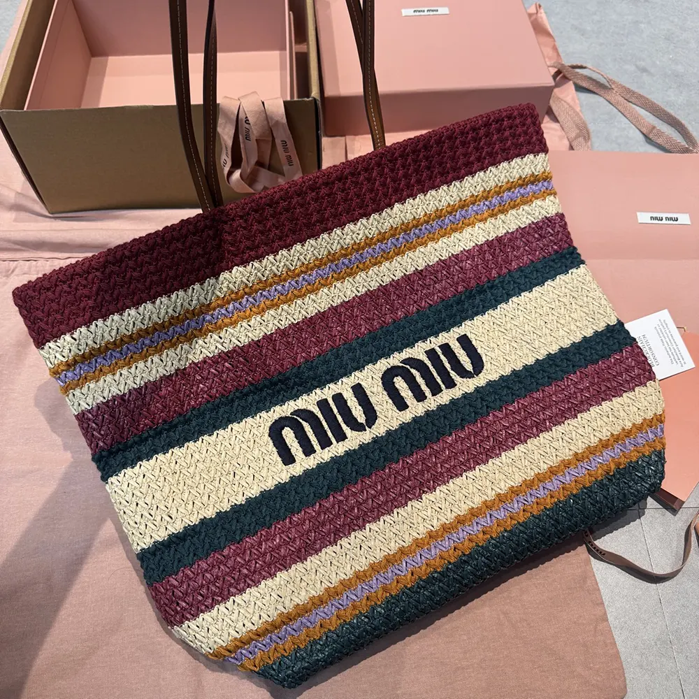 Miu Miu Women Raffia-effect Woven Tote Bag-Bordeaux 5BG228 4 Miu Miu Women Raffia-effect Woven Tote Bag-Bordeaux 5BG228