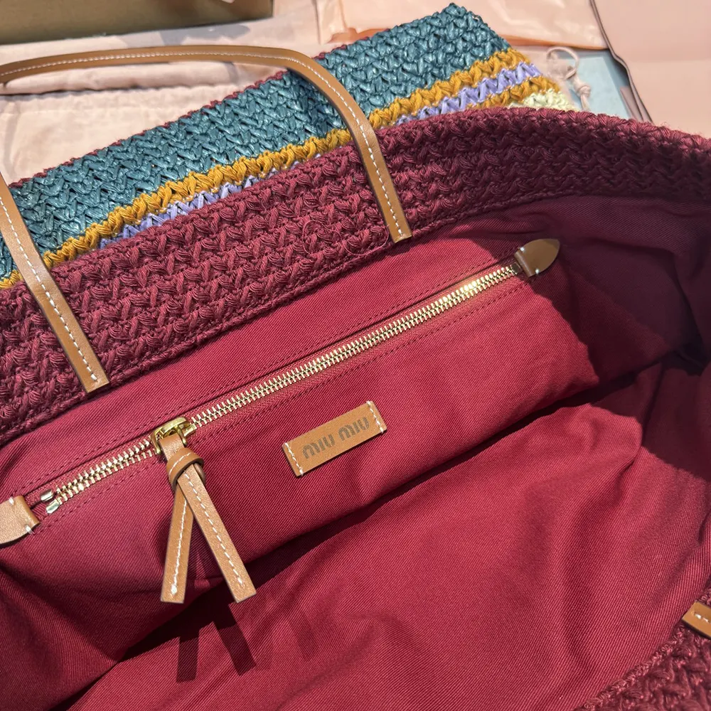 Miu Miu Women Raffia-effect Woven Tote Bag-Bordeaux 5BG228 10 Miu Miu Women Raffia-effect Woven Tote Bag-Bordeaux 5BG228