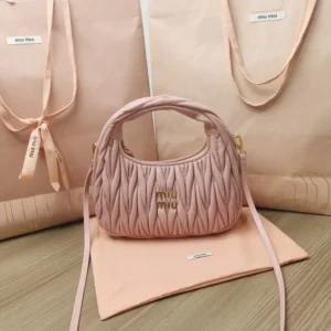 Miu Miu Women Wander Matelassé Nappa Leather Hobo Bag-Alabaster Pink 5BC125