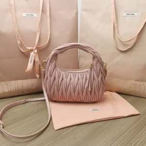 Miu Miu Women Wander Matelassé Nappa Leather Hobo Bag-Alabaster Pink 5BC125
