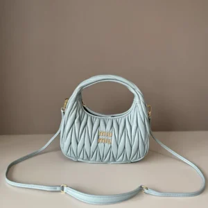 Miu Miu Women Wander Matelassé Nappa Leather Hobo Bag-Powder Blue 5BC125