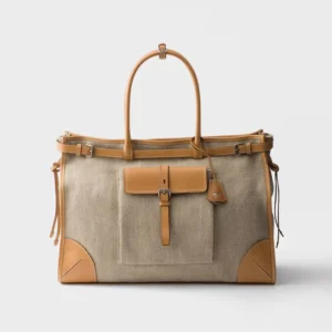 Prada Unisex Bonnie Linen and Leather Tote Bag 2VG128P0EF032T