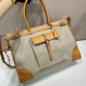 Prada Unisex Bonnie Linen and Leather Tote Bag 2VG128P0EF032T