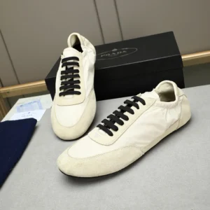 Prada Unisex Collapse Re-Nylon and Suede Elasticized Sneakers-Ivory