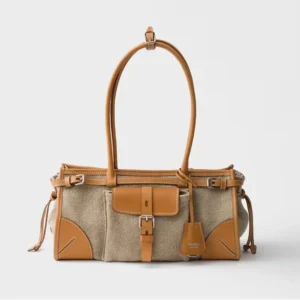 Prada Women Bonnie Medium Linen and Leather Handbag 1BA426P0EF032T