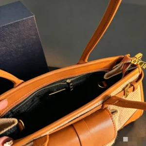 Prada Women Bonnie Medium Linen and Leather Handbag 1BA426P0EF032T