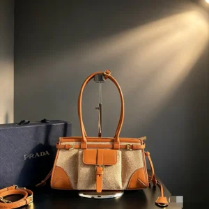 Prada Women Bonnie Medium Linen and Leather Handbag 1BA426P0EF032T