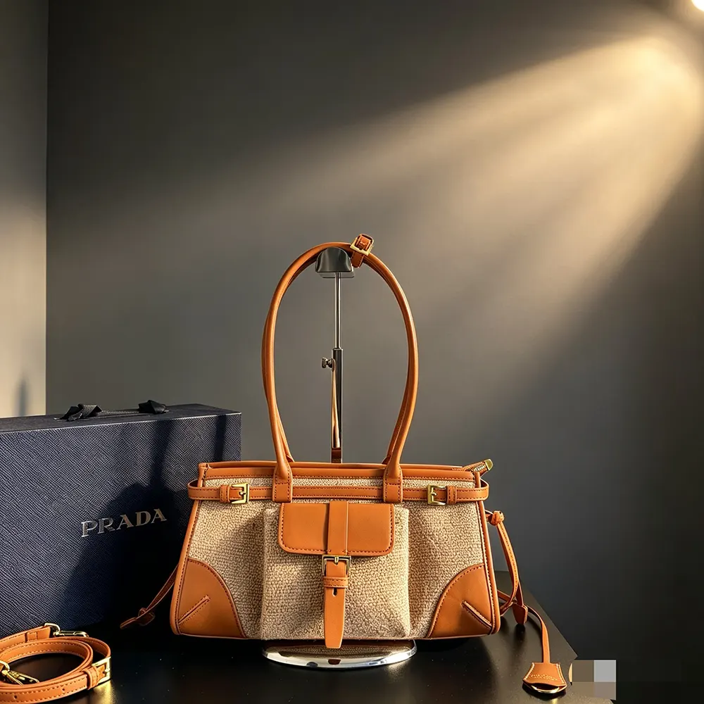 Prada Women Bonnie Medium Linen and Leather Handbag 1BA426P0EF032T