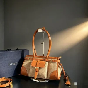 Prada Women Bonnie Medium Linen and Leather Handbag 1BA426P0EF032T