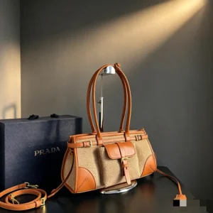 Prada Women Bonnie Medium Linen and Leather Handbag 1BA426P0EF032T
