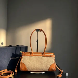 Prada Women Bonnie Medium Linen and Leather Handbag 1BA426P0EF032T