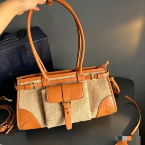 Prada Women Bonnie Medium Linen and Leather Handbag 1BA426P0EF032T