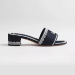 Dior Women Dentelle Heeled Slide Navy Blue Dior Oblique Embroidered Cotton and White Lace
