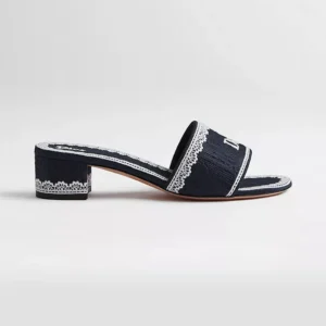 Dior Women Dentelle Heeled Slide Navy Blue Dior Oblique Embroidered Cotton and White Lace