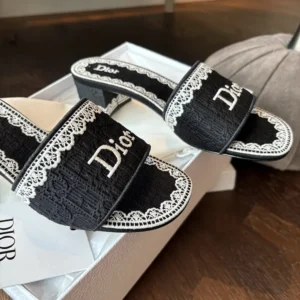 Dior Women Dentelle Heeled Slide Navy Blue Dior Oblique Embroidered Cotton and White Lace