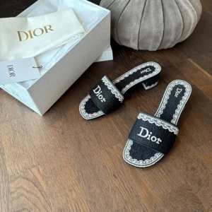 Dior Women Dentelle Heeled Slide Navy Blue Dior Oblique Embroidered Cotton and White Lace