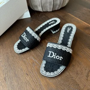 Dior Women Dentelle Heeled Slide Navy Blue Dior Oblique Embroidered Cotton and White Lace