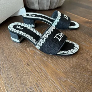 Dior Women Dentelle Heeled Slide Navy Blue Dior Oblique Embroidered Cotton and White Lace