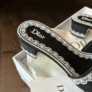 Dior Women Dentelle Heeled Slide Navy Blue Dior Oblique Embroidered Cotton and White Lace