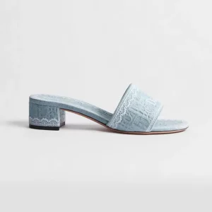 Dior Women Dior Dentelle Heeled Slide Sky Blue Dior Oblique Embroidered Cotton and White Lace