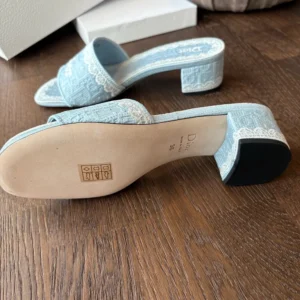 Dior Women Dior Dentelle Heeled Slide Sky Blue Dior Oblique Embroidered Cotton and White Lace