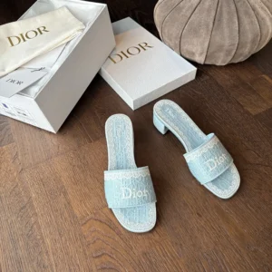 Dior Women Dior Dentelle Heeled Slide Sky Blue Dior Oblique Embroidered Cotton and White Lace