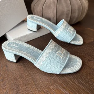 Dior Women Dior Dentelle Heeled Slide Sky Blue Dior Oblique Embroidered Cotton and White Lace
