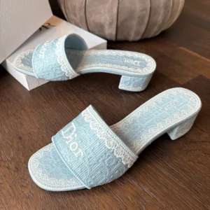 Dior Women Dior Dentelle Heeled Slide Sky Blue Dior Oblique Embroidered Cotton and White Lace