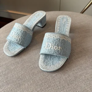 Dior Women Dior Dentelle Heeled Slide Sky Blue Dior Oblique Embroidered Cotton and White Lace