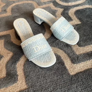 Dior Women Dior Dentelle Heeled Slide Sky Blue Dior Oblique Embroidered Cotton and White Lace