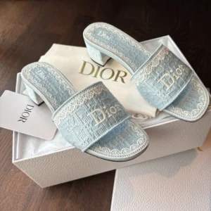 Dior Women Dior Dentelle Heeled Slide Sky Blue Dior Oblique Embroidered Cotton and White Lace