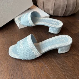 Dior Women Dior Dentelle Heeled Slide Sky Blue Dior Oblique Embroidered Cotton and White Lace