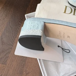 Dior Women Dior Dentelle Heeled Slide Sky Blue Dior Oblique Embroidered Cotton and White Lace