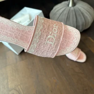 Dior Women Dioramour Dior Dentelle Heeled Slide Soupir Pink Dior Oblique Embroidered Cotton and White Lace
