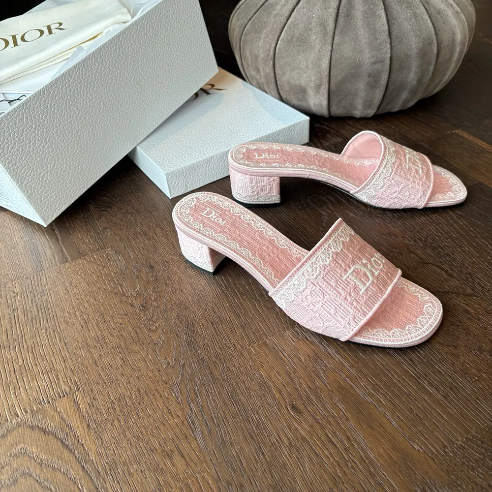 Dior Women Dioramour Dior Dentelle Heeled Slide Soupir Pink Dior Oblique Embroidered Cotton and White Lace