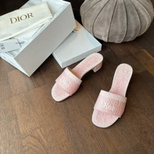 Dior Women Dioramour Dior Dentelle Heeled Slide Soupir Pink Dior Oblique Embroidered Cotton and White Lace
