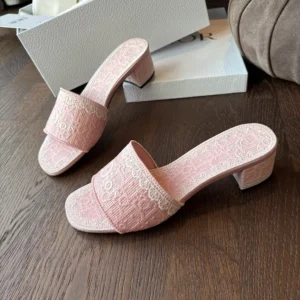 Dior Women Dioramour Dior Dentelle Heeled Slide Soupir Pink Dior Oblique Embroidered Cotton and White Lace