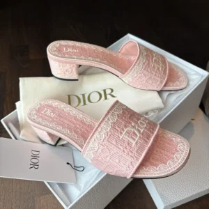 Dior Women Dioramour Dior Dentelle Heeled Slide Soupir Pink Dior Oblique Embroidered Cotton and White Lace