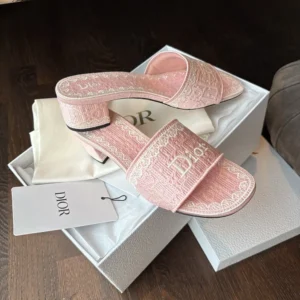 Dior Women Dioramour Dior Dentelle Heeled Slide Soupir Pink Dior Oblique Embroidered Cotton and White Lace