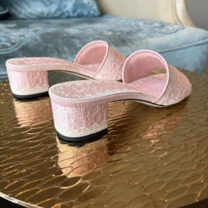 Dior Women Dioramour Dior Dentelle Heeled Slide Soupir Pink Dior Oblique Embroidered Cotton and White Lace