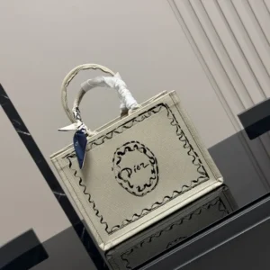 Dior Women Dioriviera Medium Dior Book Tote with Strap Beige Dior Painted Ribbon Embroidery