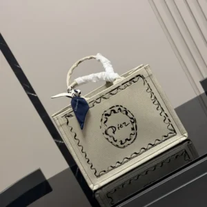 Dior Women Dioriviera Medium Dior Book Tote with Strap Beige Dior Painted Ribbon Embroidery