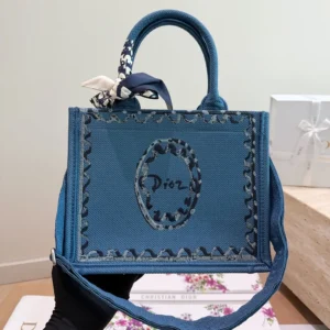 Dior Women Dioriviera Medium Dior Book Tote with Strap Blue-Greige Dior Painted Ribbon Embroidery