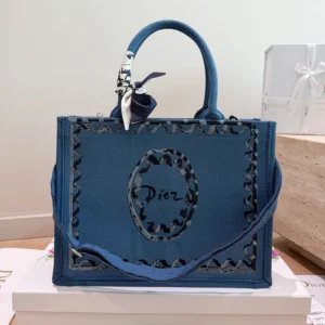 Dior Women Dioriviera Medium Dior Book Tote with Strap Blue-Greige Dior Painted Ribbon Embroidery