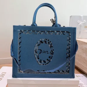 Dior Women Dioriviera Medium Dior Book Tote with Strap Blue-Greige Dior Painted Ribbon Embroidery