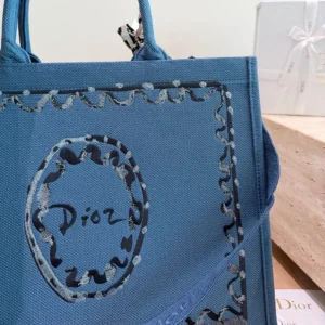 Dior Women Dioriviera Medium Dior Book Tote with Strap Blue-Greige Dior Painted Ribbon Embroidery