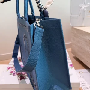 Dior Women Dioriviera Medium Dior Book Tote with Strap Blue-Greige Dior Painted Ribbon EmbroideryDior Women Dioriviera Medium Dior Book Tote with Strap Blue-Greige Dior Painted Ribbon Embroidery