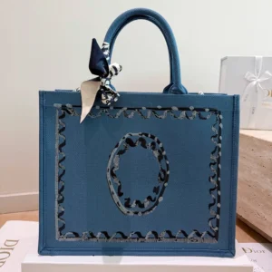 Dior Women Dioriviera Medium Dior Book Tote with Strap Blue-Greige Dior Painted Ribbon Embroidery