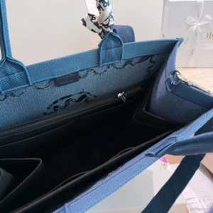 Dior Women Dioriviera Medium Dior Book Tote with Strap Blue-Greige Dior Painted Ribbon Embroidery