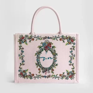 Dior Women Dioriviera Medium Dior Book Tote with Strap Pink Multicolor Dior Arabesque Embroidery